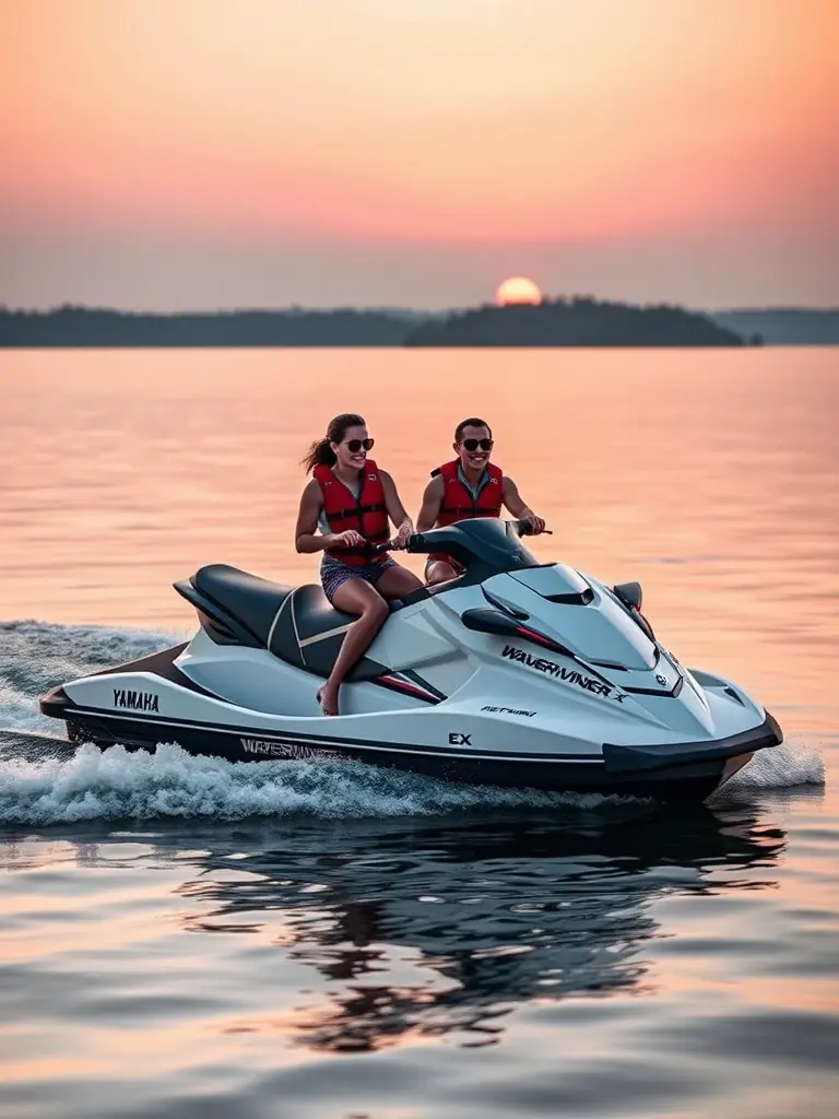 A couple is enjoying a leisurely ride on a Yamaha WaveRunner EX jet ski during a weekend trip. The image highlights the comfort and ease of use for a relaxing adventure.
