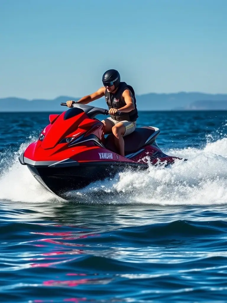 A lone rider is speeding across the water on a Yamaha GP1800R jet ski during a weekend getaway. The image emphasizes the speed and agility of the jet ski.