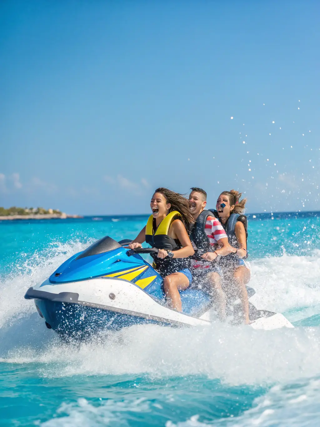 A group of friends is having a blast on a Kawasaki Jet Ski STX 160 during a weekend adventure. The image showcases the spaciousness and power of the jet ski.