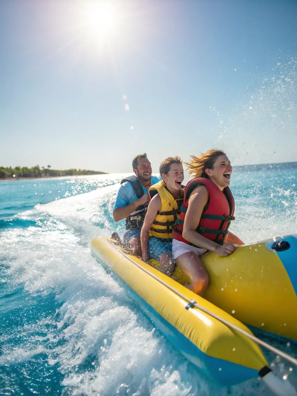 A family is joyfully riding a Sea-Doo Spark jet ski on a sunny lake during a weekend getaway. The image captures the fun and excitement of a short trip, with splashes of water and smiles all around.